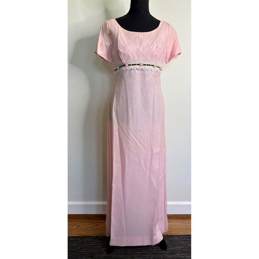Vintage 60s Pink Maxi Dress Lace & Rosebud Trim Sleeve Prom Gown Sz S